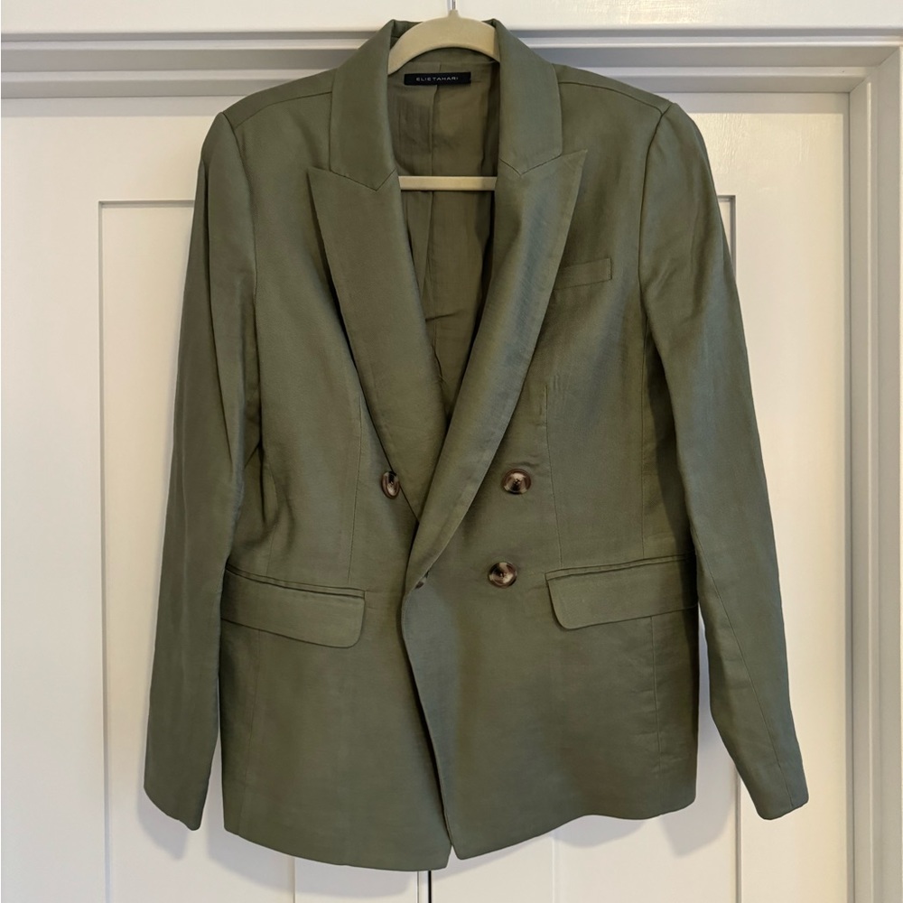 Ellie Tahari Sage Green Linen Double Breasted Blazer
